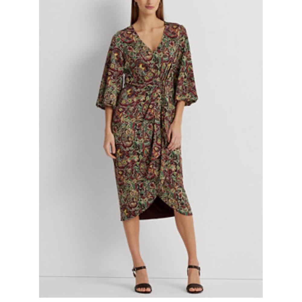 Lauren ralph lauren Floral Jersey Tie-Front wrap Midi Dress paisley sz 2P